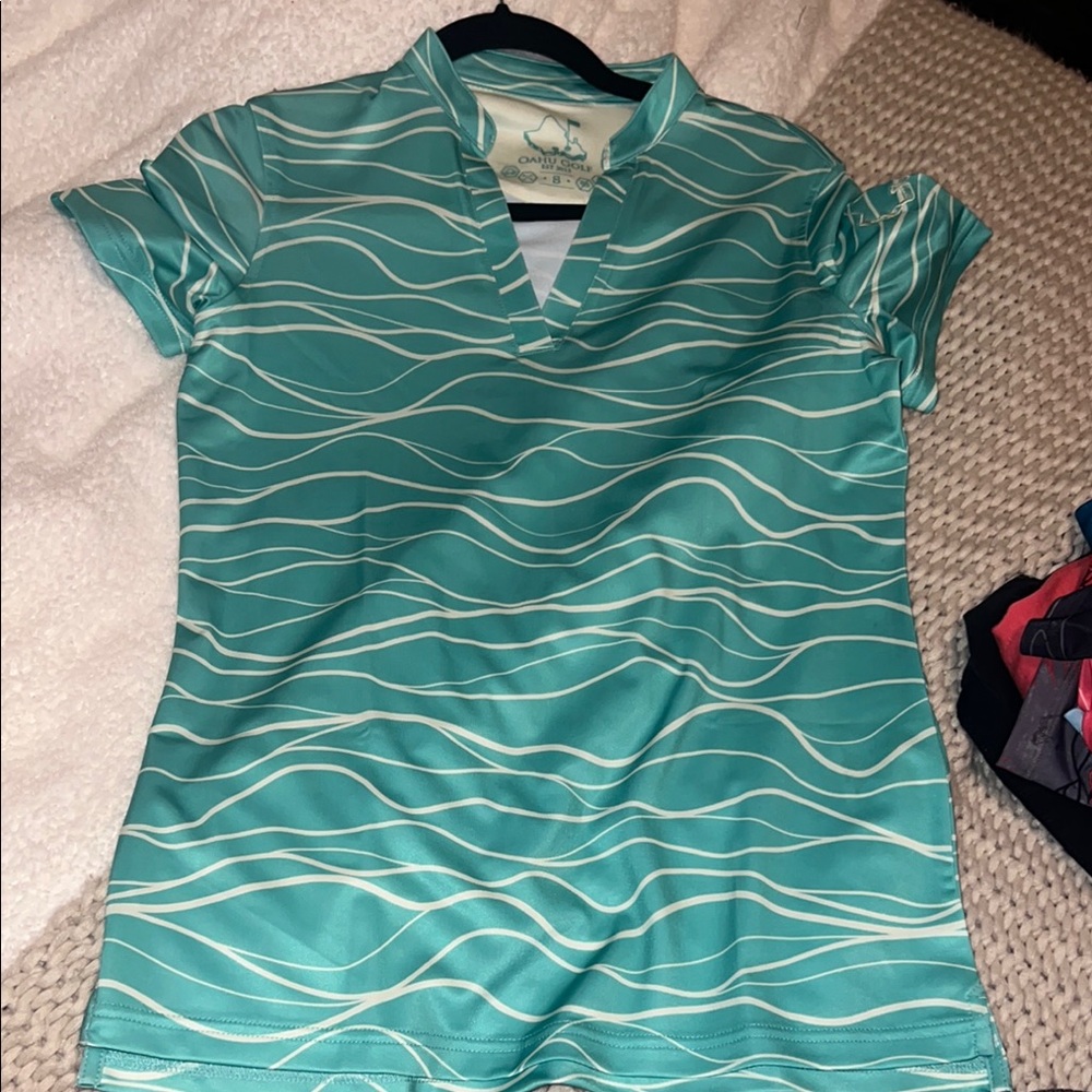 Blue Fitted Short Sleeve Top with Mandarin Collar